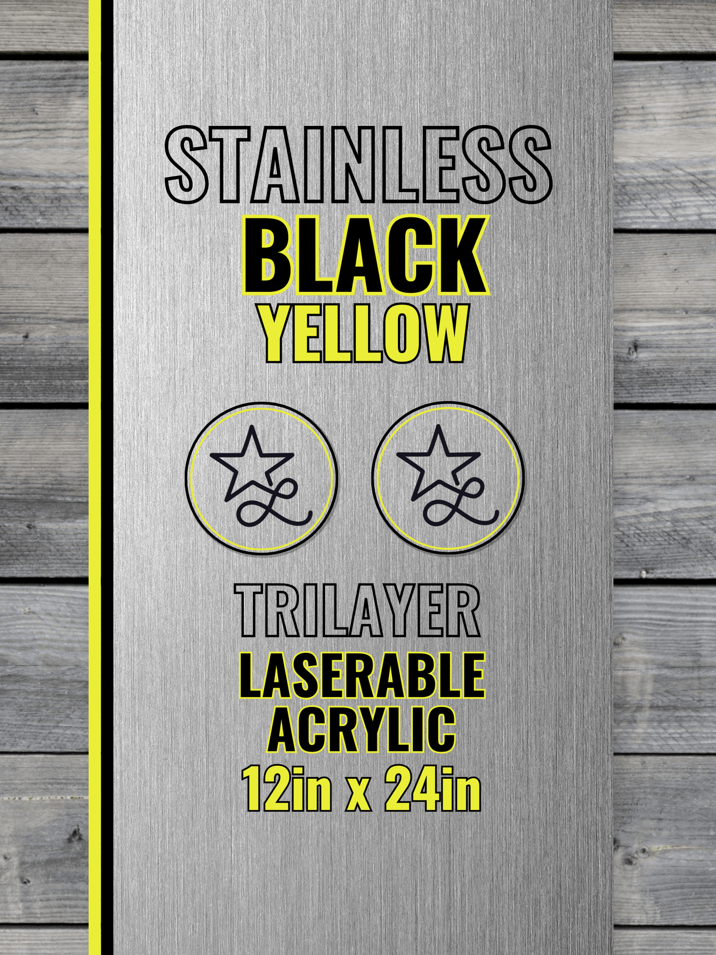 Acrylic: Stainless / Black / Yellow TriLayer Durra-Bull™ Laserable Panels (12"x24")
