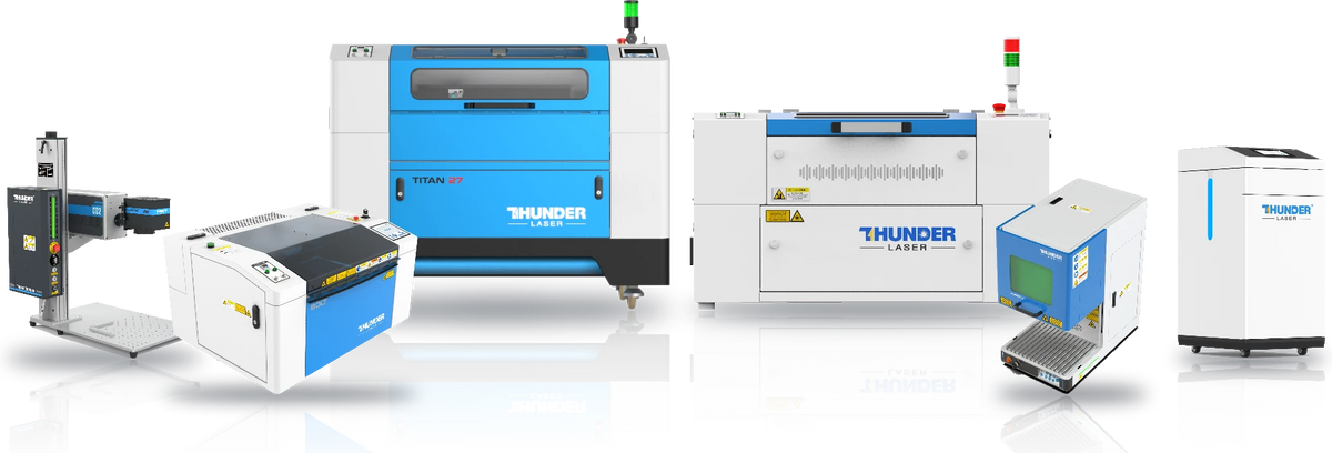 The Thunder Laser lineup: CO2 Galvo, Bolt, Titan, Nova Plus, Aurora and Thunder Air 700